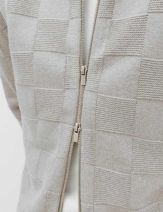 Cotton Rich Checked Zip Up Knitted Jacket