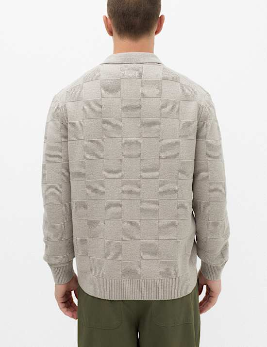 Cotton Rich Checked Zip Up Knitted Jacket