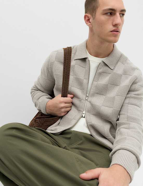 Cotton Rich Checked Zip Up Knitted Jacket