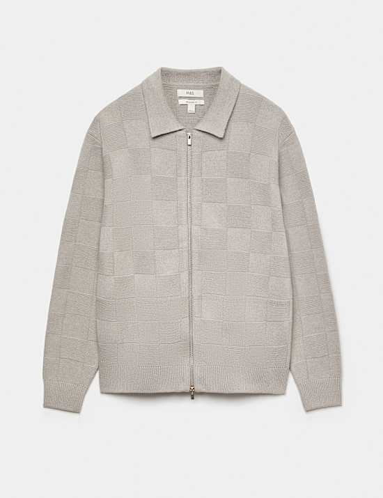 Cotton Rich Checked Zip Up Knitted Jacket