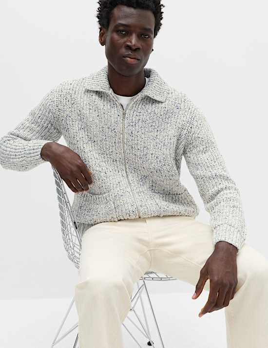 Cotton Blend Zip Up Knitted Jacket