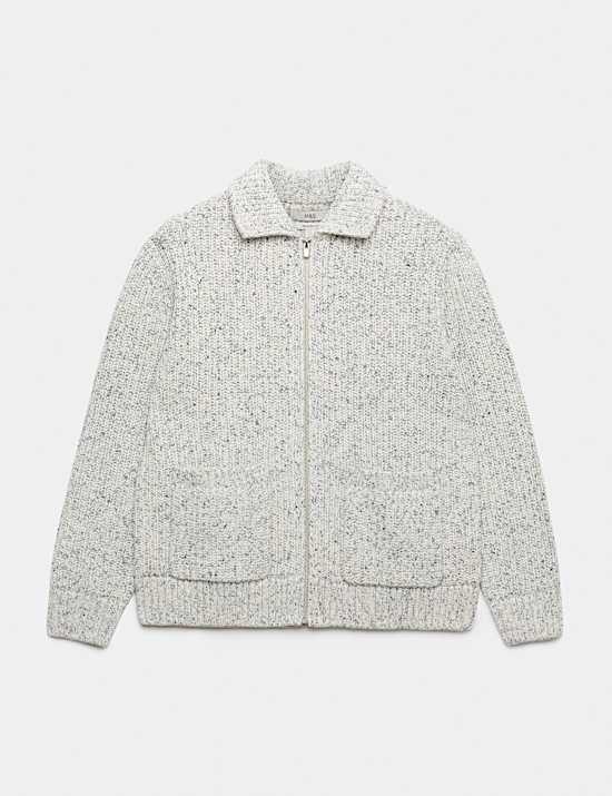 Cotton Blend Zip Up Knitted Jacket
