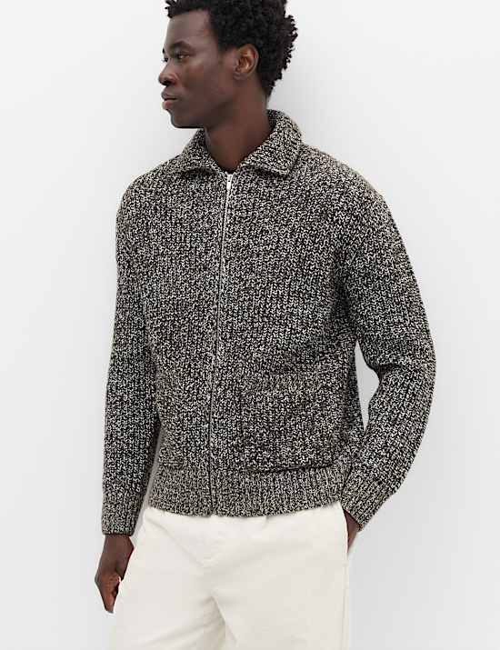Cotton Blend Zip Up Knitted Jacket