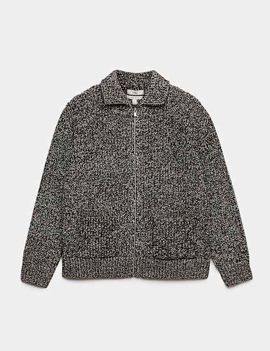 Cotton Blend Zip Up Knitted Jacket