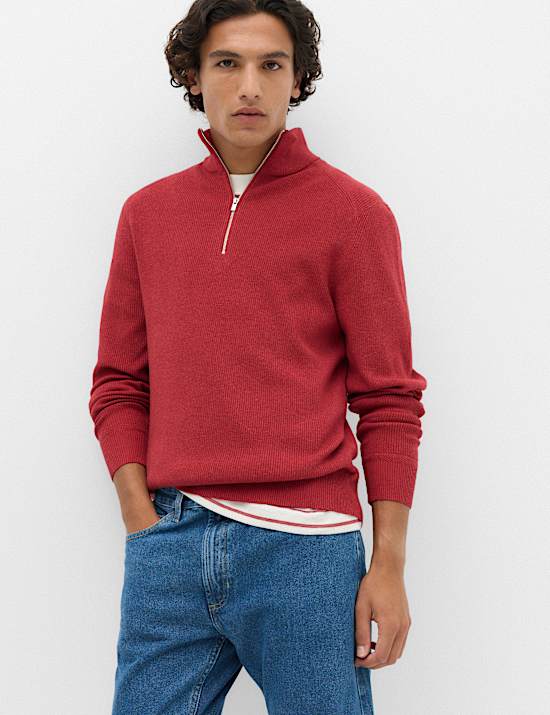 Cotton Blend Ribbed Half Zip Jumper