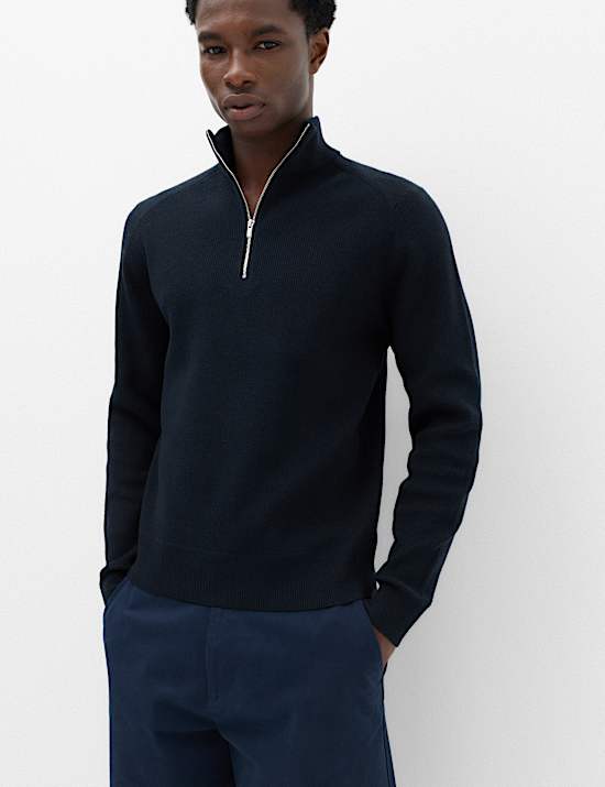 Cotton Blend Ribbed Half Zip Jumper