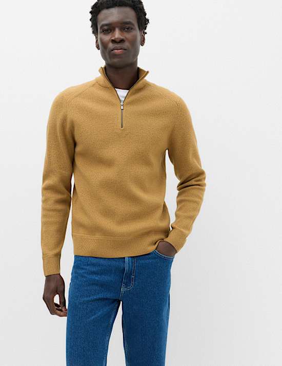 Cotton Blend Ribbed Half Zip Jumper
