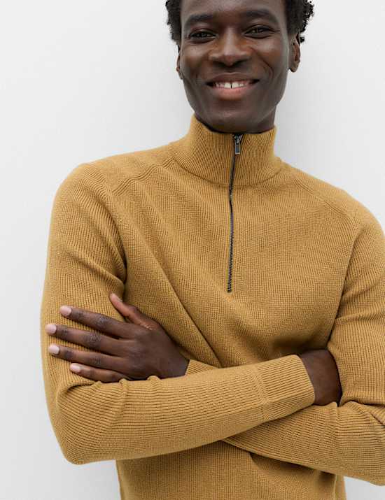 Cotton Blend Ribbed Half Zip Jumper