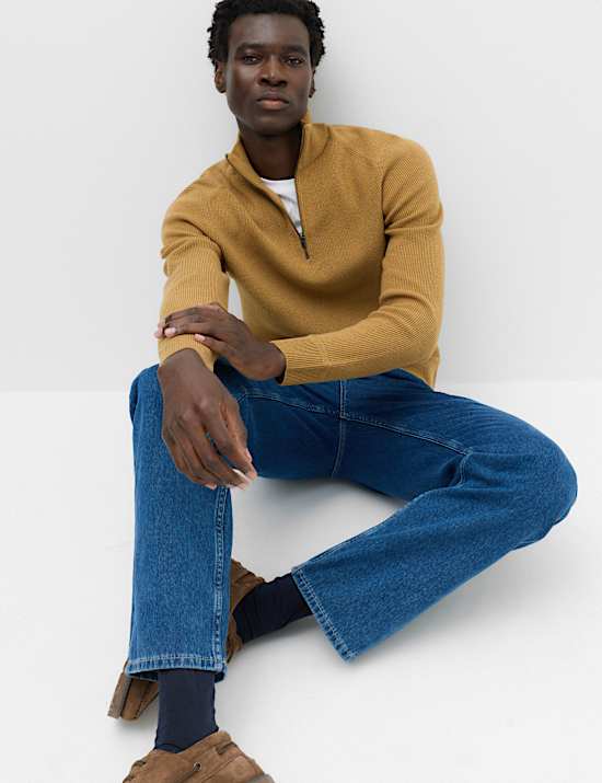 Cotton Blend Ribbed Half Zip Jumper