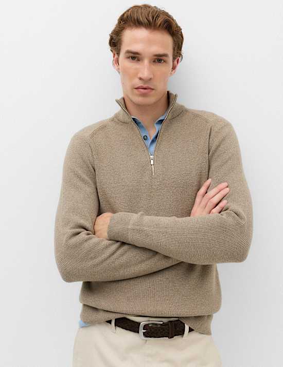 Cotton Blend Ribbed Half Zip Jumper