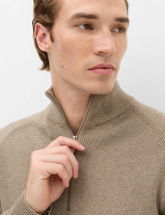 Cotton Blend Ribbed Half Zip Jumper