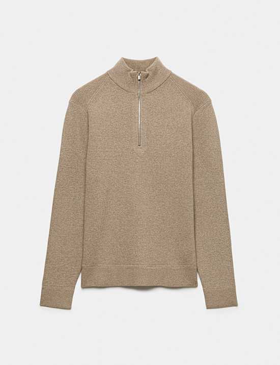 Cotton Blend Ribbed Half Zip Jumper