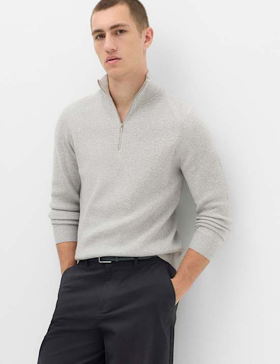 Pull en coton m&eacute;lang&eacute; &agrave; col zipp&eacute; et motif c&ocirc;tel&eacute;