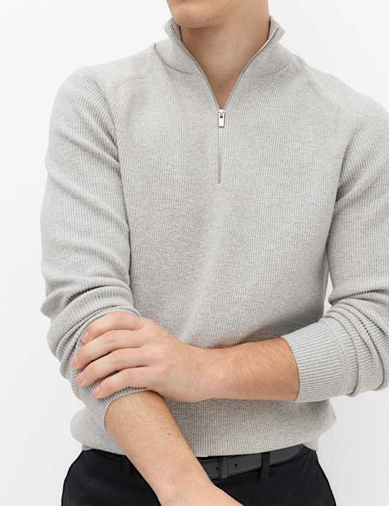 Pull en coton m&eacute;lang&eacute; &agrave; col zipp&eacute; et motif c&ocirc;tel&eacute;