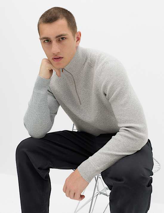 Pull en coton m&eacute;lang&eacute; &agrave; col zipp&eacute; et motif c&ocirc;tel&eacute;