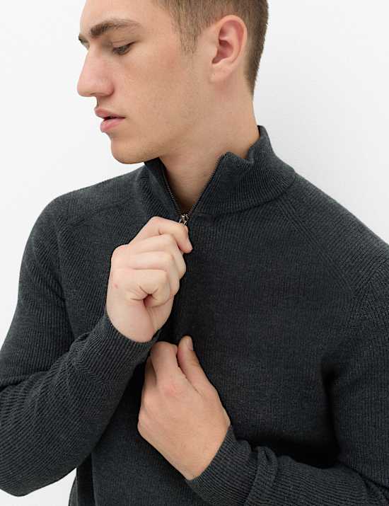 Pull en coton m&eacute;lang&eacute; &agrave; col zipp&eacute; et motif c&ocirc;tel&eacute;