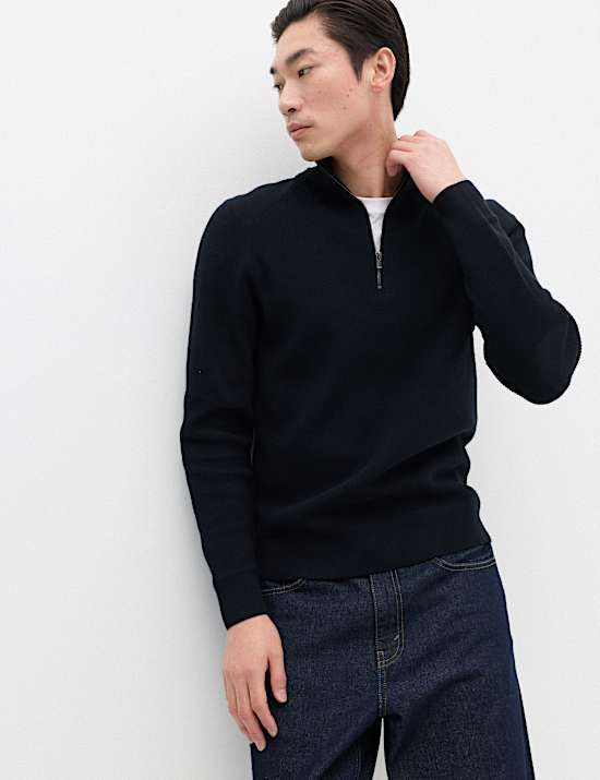 Cotton Blend Ribbed Half Zip Jumper