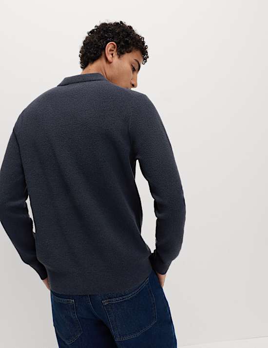 Cotton Rich Boucle Open Neck Knitted Polo Shirt
