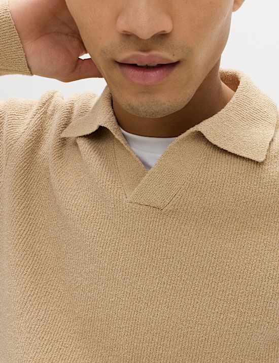 Cotton Rich Boucle Open Neck Knitted Polo Shirt