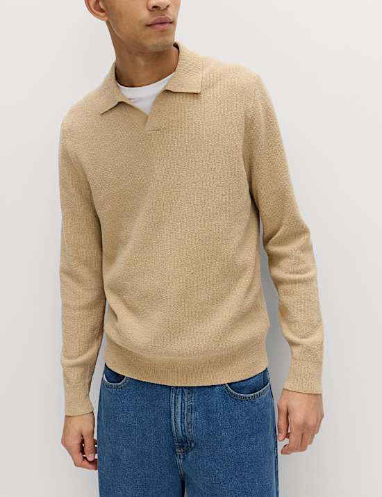 Cotton Rich Boucle Open Neck Knitted Polo Shirt