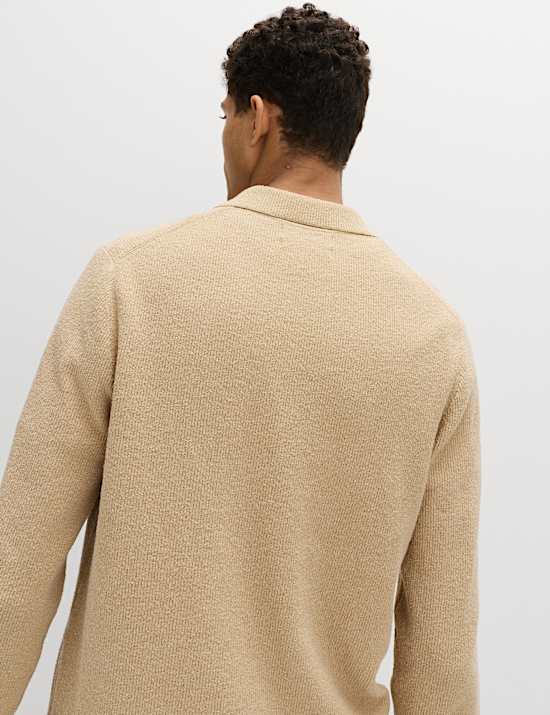 Cotton Rich Boucle Open Neck Knitted Polo Shirt