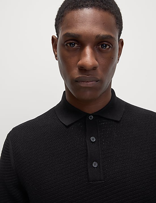 Βαμβακερή πλεκτή μπλούζα πόλο με ανάγλυφο σχέδιο