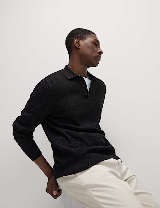 Βαμβακερή πλεκτή μπλούζα πόλο με ανάγλυφο σχέδιο