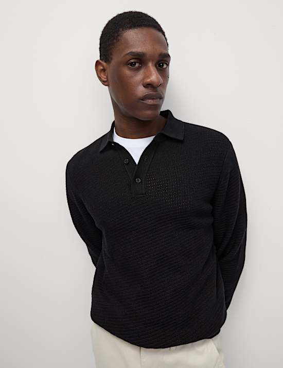 Βαμβακερή πλεκτή μπλούζα πόλο με ανάγλυφο σχέδιο