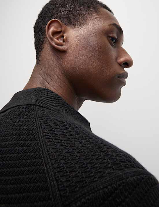 Βαμβακερή πλεκτή μπλούζα πόλο με ανάγλυφο σχέδιο