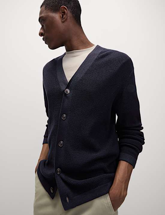 Cotton Modal Blend Textured V-Neck Cardigan