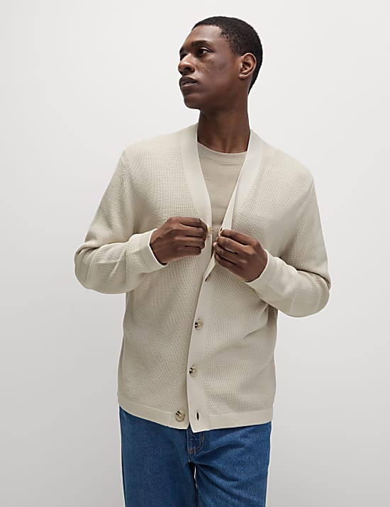 Cotton Modal Blend Textured V-Neck Cardigan