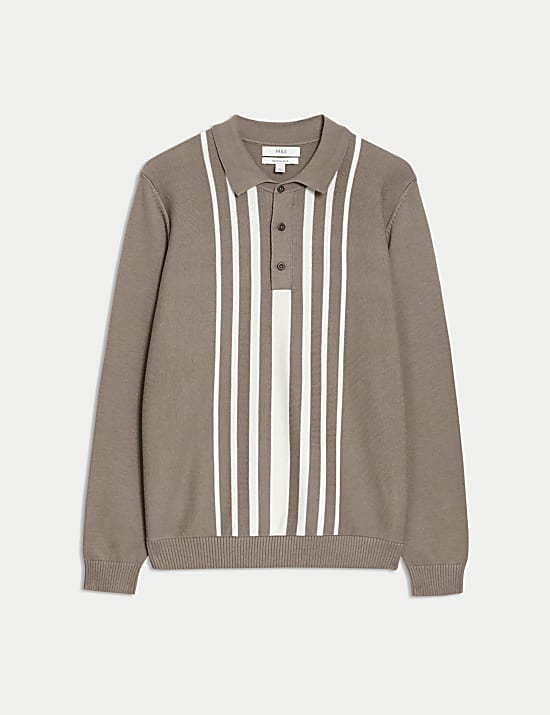 Pure Cotton Striped Knitted Polo Shirt