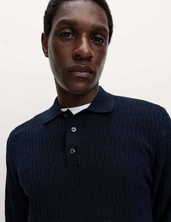 Πλεκτή μπλούζα πόλο με γεωμετρικό σχέδιο από βαμβάκι και modal