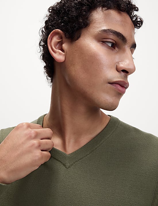 Pure Cotton V-Neck Knitted Jumper