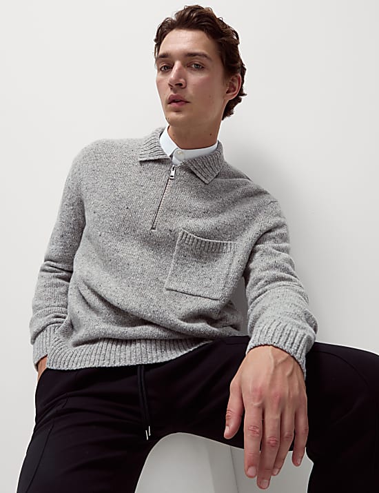 Relaxed Fit Wool Rich Half Zip Knitted Polo Shirt