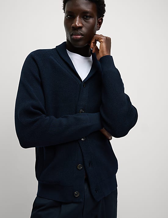 Cotton Blend Ribbed Shawl Collar Cardigan