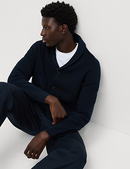 Cotton Blend Ribbed Shawl Collar Cardigan