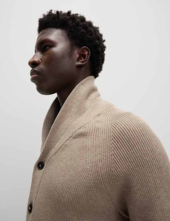 Cotton Blend Ribbed Shawl Collar Cardigan