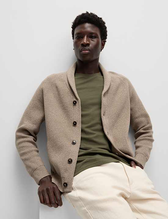 Cotton Blend Ribbed Shawl Collar Cardigan