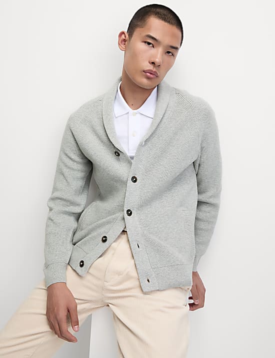 Cotton Blend Ribbed Shawl Collar Cardigan