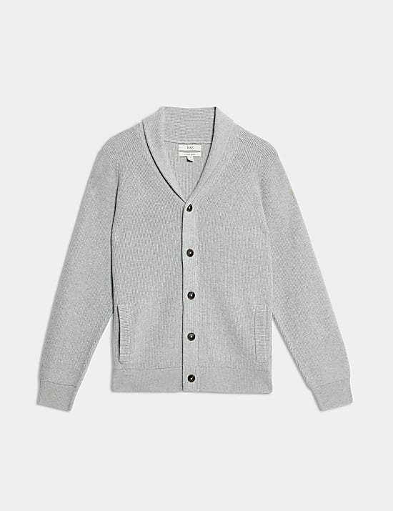 Cotton Blend Ribbed Shawl Collar Cardigan