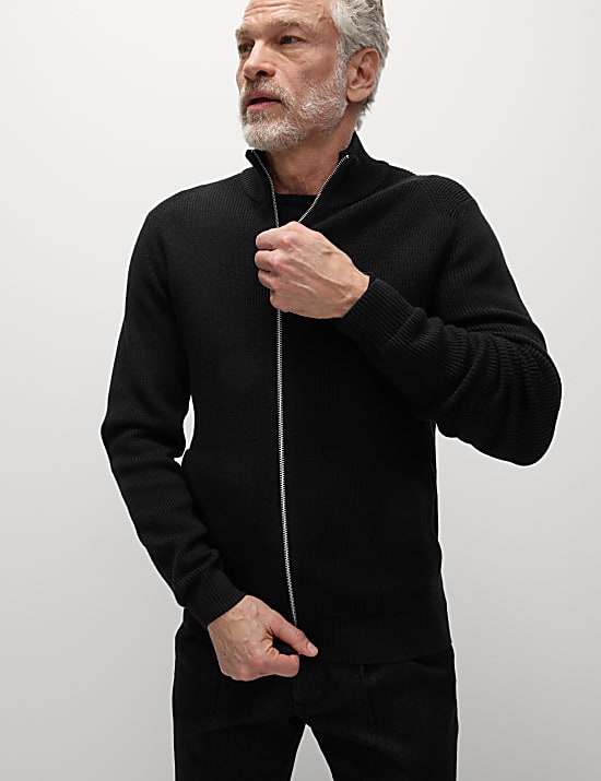 Cotton Blend Funnel Neck Zip Up Jumper