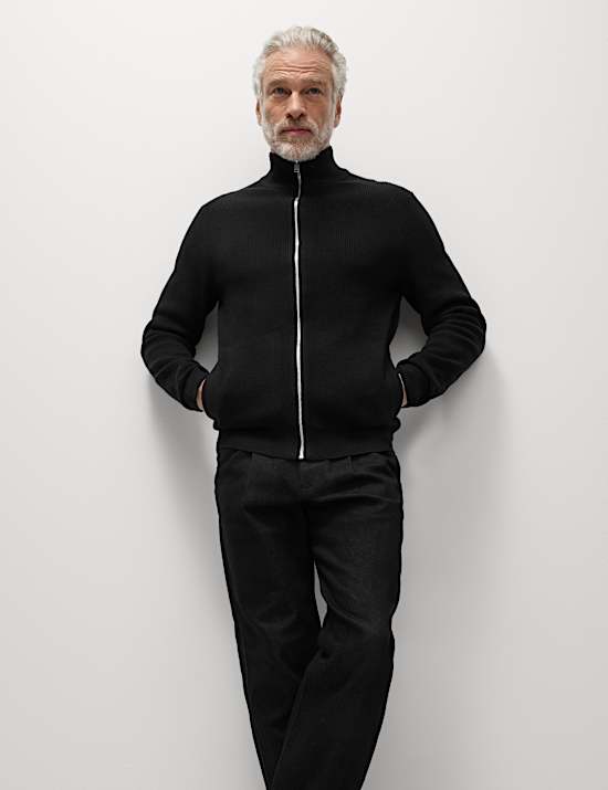 Cotton Blend Funnel Neck Zip Up Jumper