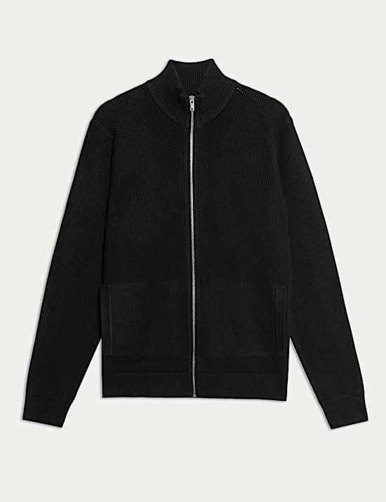 Cotton Blend Funnel Neck Zip Up Jumper