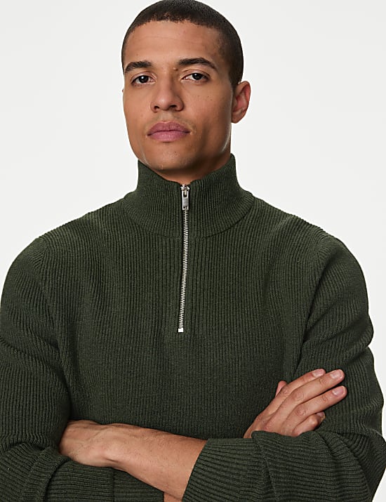 Cotton Blend Ribbed Funnel Neck Jumper