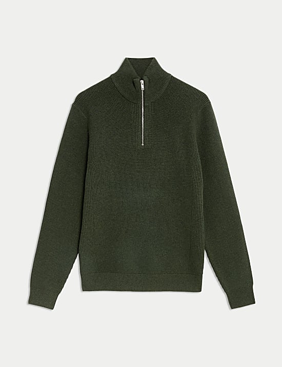 Cotton Blend Ribbed Funnel Neck Jumper