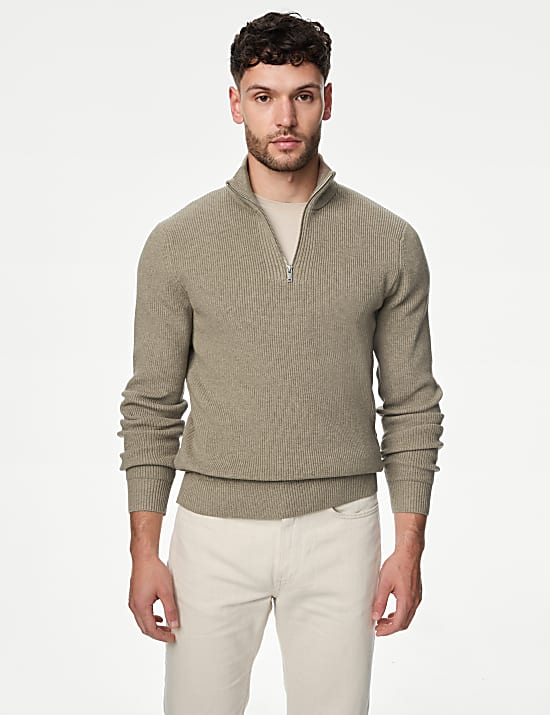 Cotton Blend Ribbed Funnel Neck Jumper