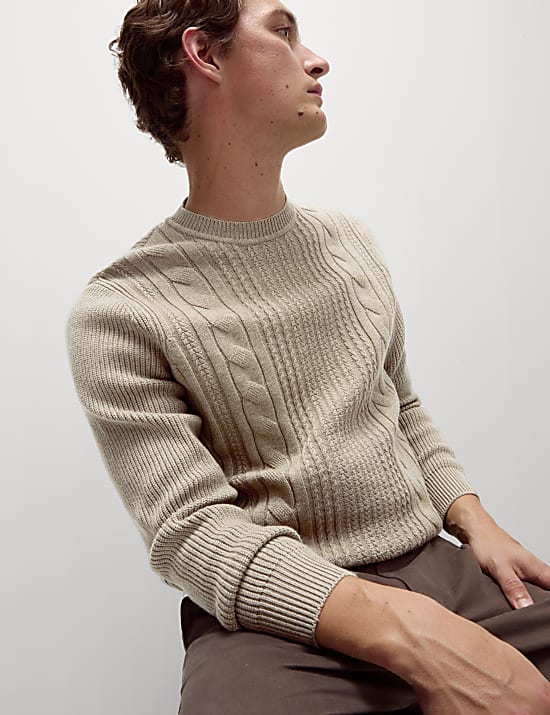 Cotton Blend Textured Crew Neck Jumper