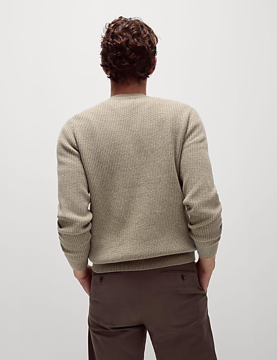 Cotton Blend Textured Crew Neck Jumper