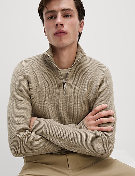 Cotton Blend Half Up Ribbed Jumper